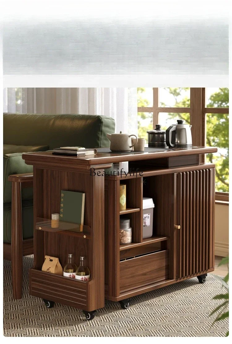 

P12New Chinese style solid wood rotating tea table chair living room balcony casual black walnut tea table