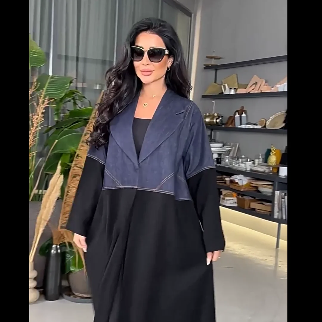 

New Denim Patchwork Abayas for Women Muslim Dress Dubai Open Abaya Turkey Kaftan Eid Ramadan Kimono Cardigan Islam Clothing Robe