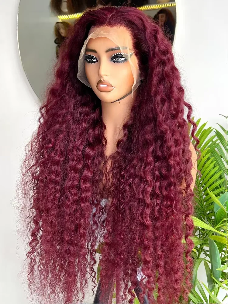 วิกผมหน้าผากลูกไม้ HD ขนาด 30 36 นิ้ว ความหนาแน่น 250% 13x4 ผมแท้สีแดงลอนน้ำ 99J สีเบอร์กันดี วิกผมบราซิลแบบไม่ต้องใช้กาว