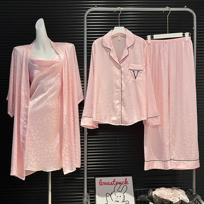 

Сексуальный пижамный костюм из 4 предметов, халат с леопардовым принтом, топ, брюки, ночная рубашка, атласная одежда для дома, женская осенняя новая ночная рубашка, одежда для дома