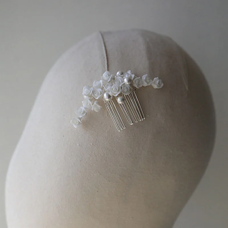 Floralbride Handmade Simulated Pearls Clay Flower Bridal Hair Comb Wedding Headdress Hair Accessories Bridesmaids Women Jewelry