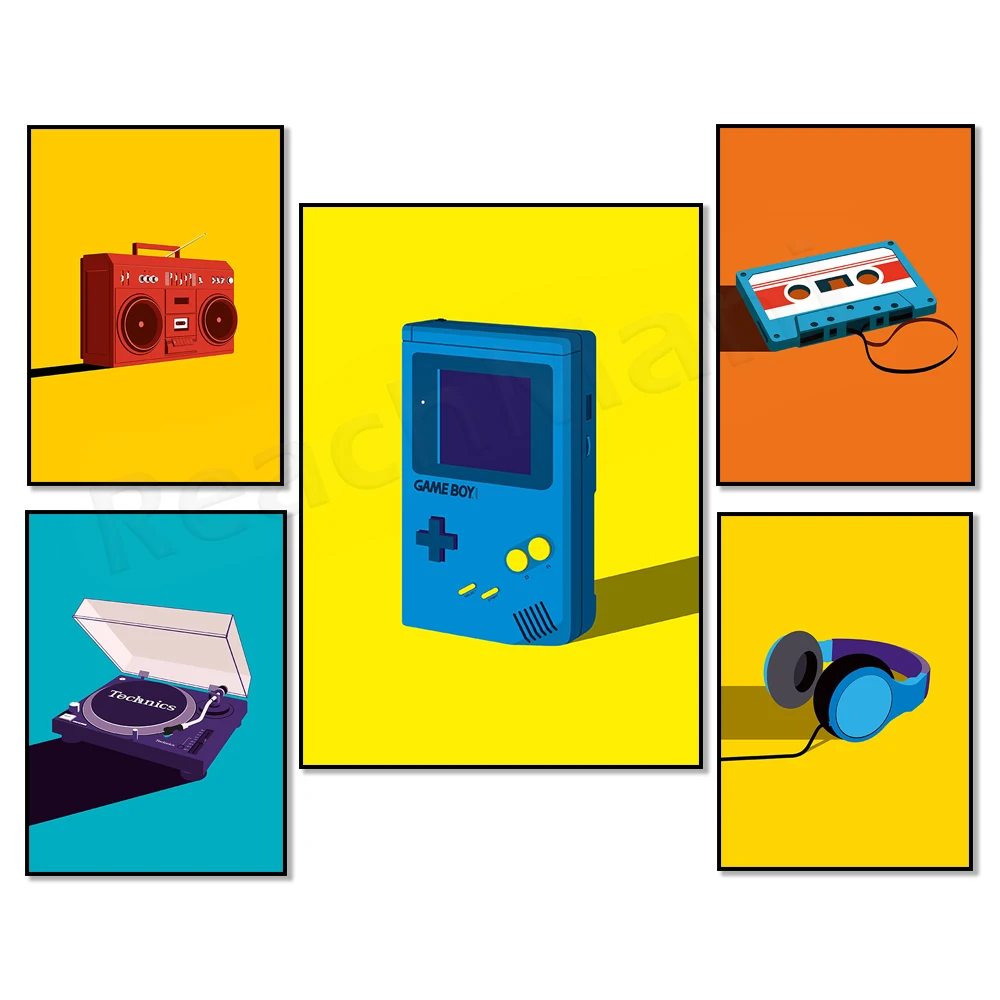 

Vintage DJ Headphones, Cassette, Boombox, Game Console Print, 80's Print, Pop Art, Music Poster, Yellow Wall Decor, Modern Decor