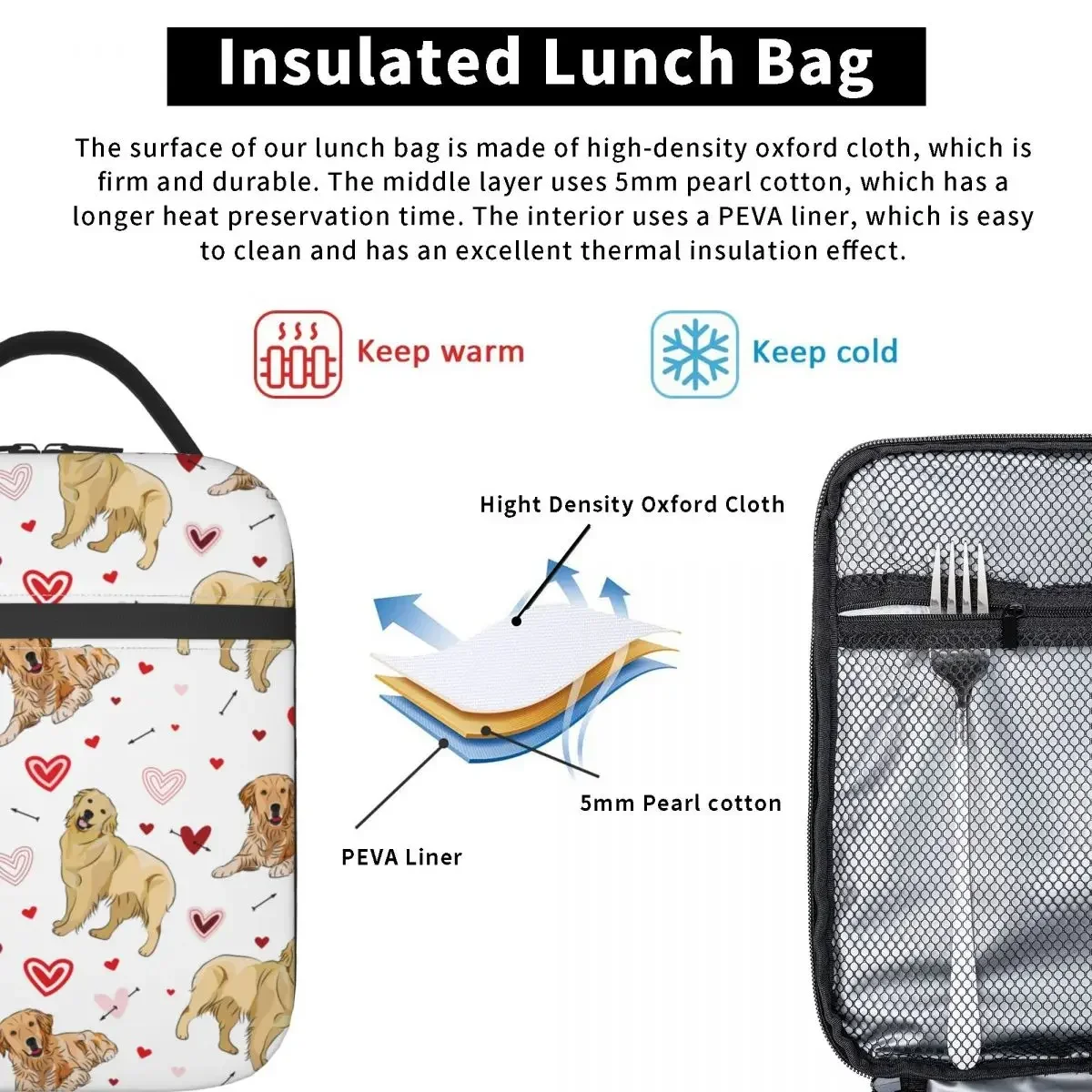 Bolsa de mano aislante para el almuerzo, Bento térmico para la escuela, enfriador divertido, corazones, garabatos, amor, perro, Golden Retriever