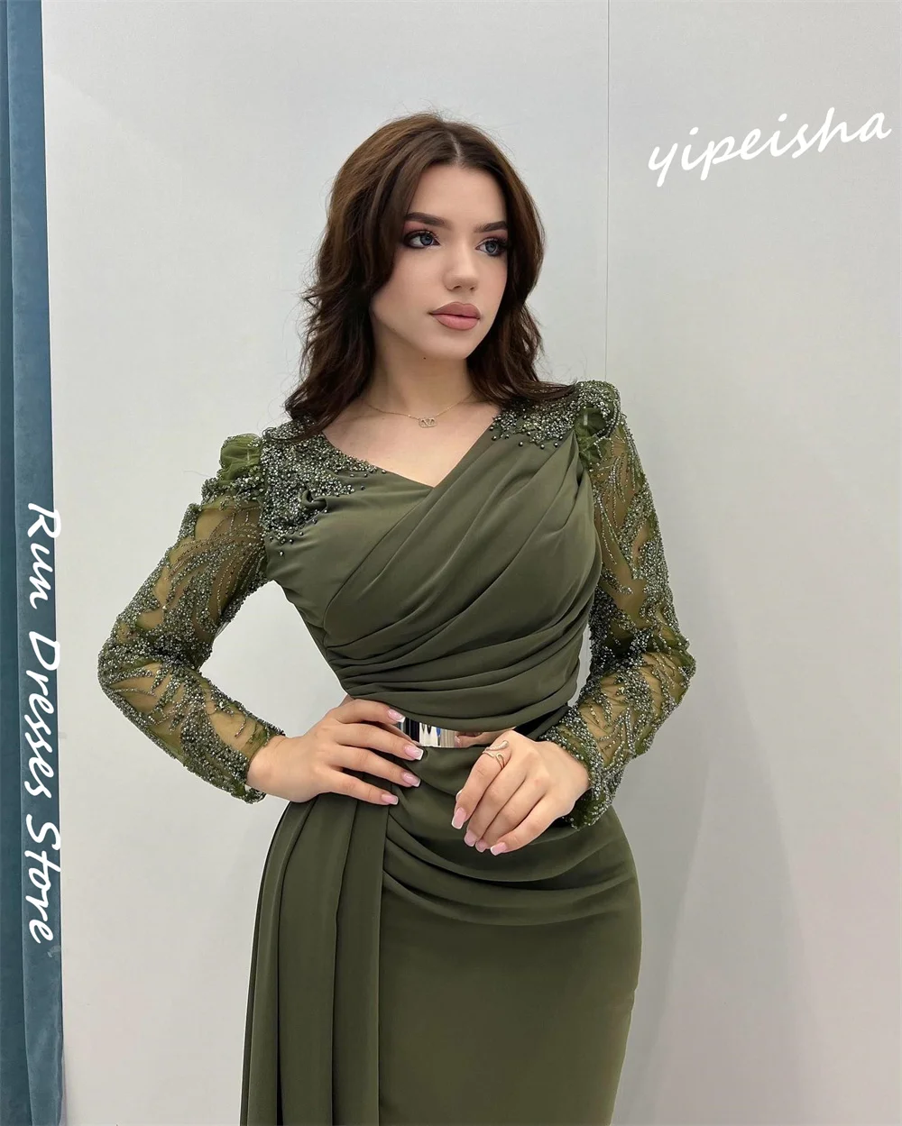 Customized Evening Jersey Sequined Beading Ruched Beach A-line V-neck Bespoke Occasion Gown Long Dresses Sexy Casual