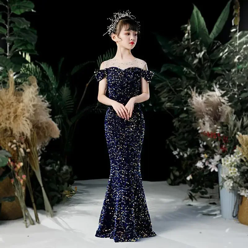 Shiny Trumpet Dresses For Girls Teens Kids Elegant Bridesmaid Wedding Dress Sequin Child Party Evening Gown Prom Cocktail Dress