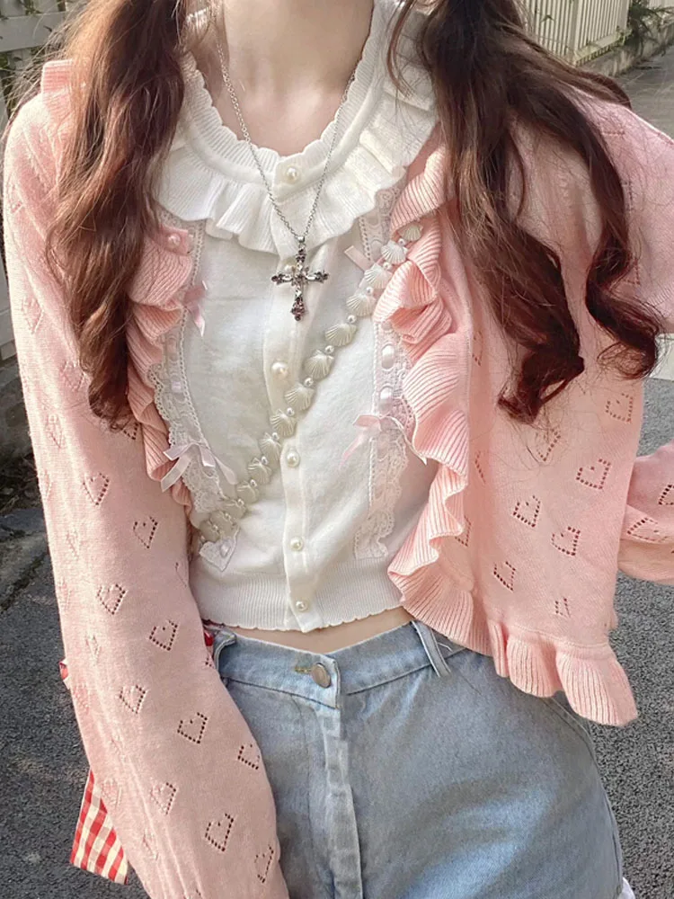 KIMOKOKM Japanese Preppy Style Sweet Lolita Girl Ruffles Single Button Cardigan Vintage Sweetheart Flare Sleeve Knitting Sweater