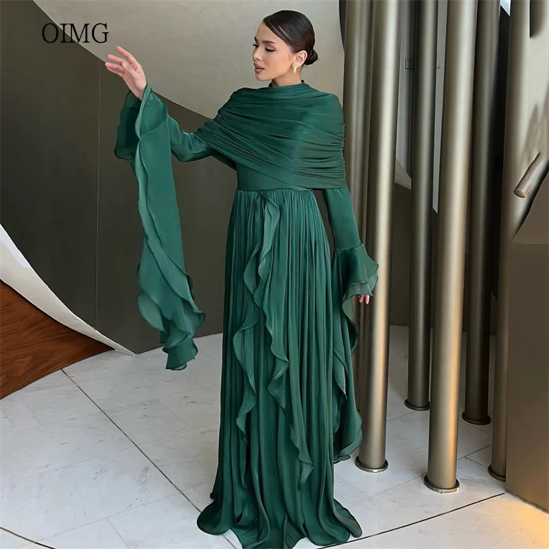 

OIMG Modest Green High Neck A Line Prom Gowns Shiny Ruffled Tiered Party Gown Saudi Floor Length Evening Dress Customized