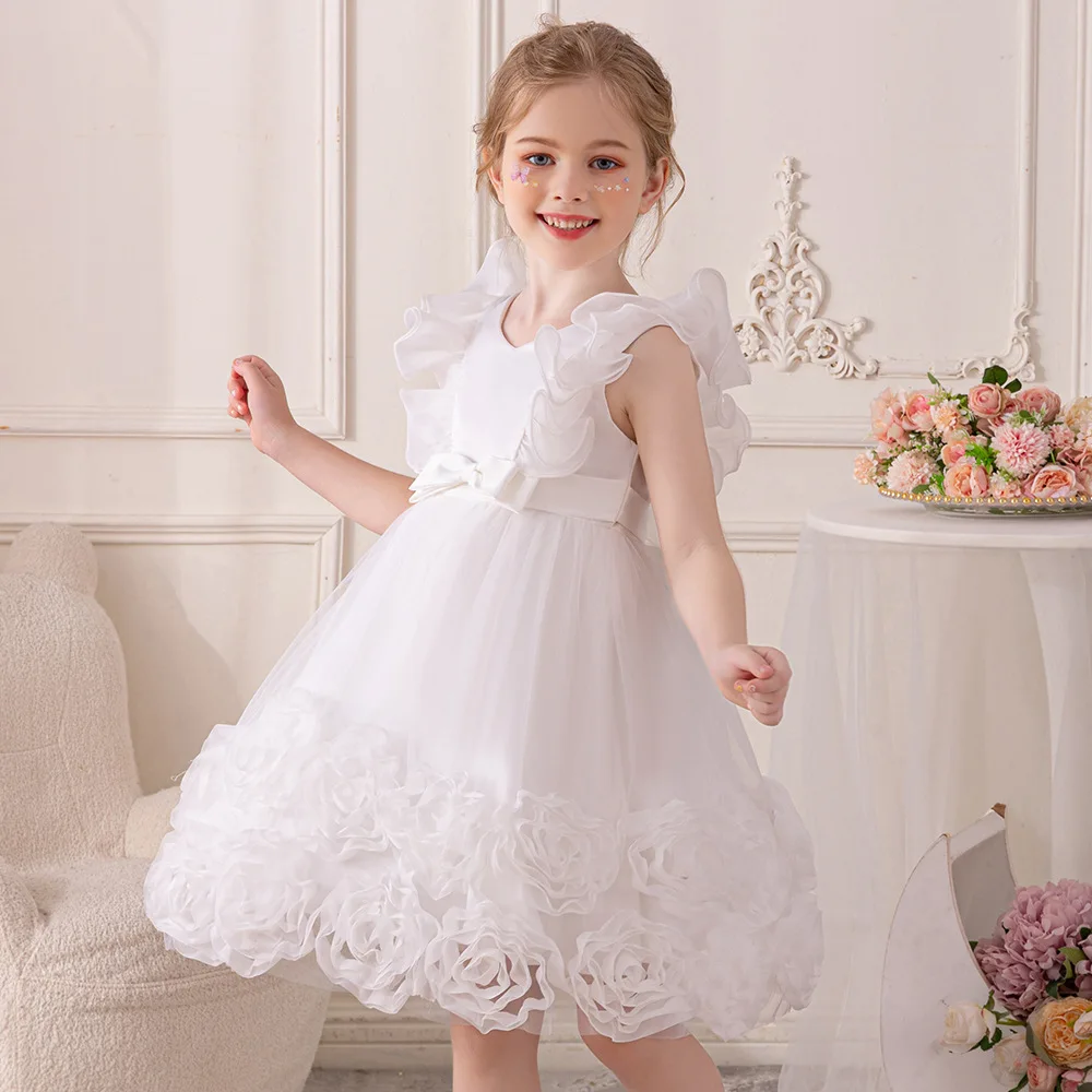 Baby Girls Party Dress Flying Sleeves Flowers Princess Dress For Toddler Birthday Fluffy Wedding Pageant Baptism Ball Gown