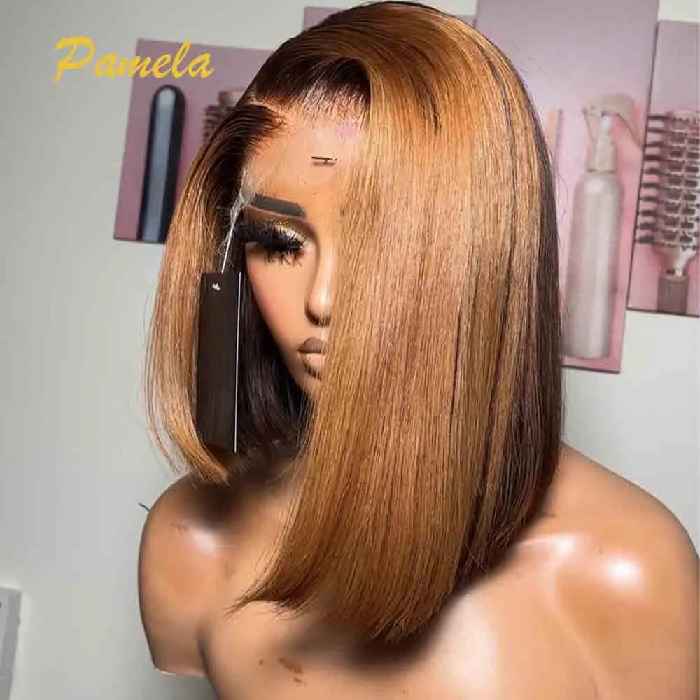 250% Density Highlight Bone Straight Short Bob Wig Ombre 1b/30 Colored 13x6 HD Transparent Lace Front Human Hair Wigs For Women