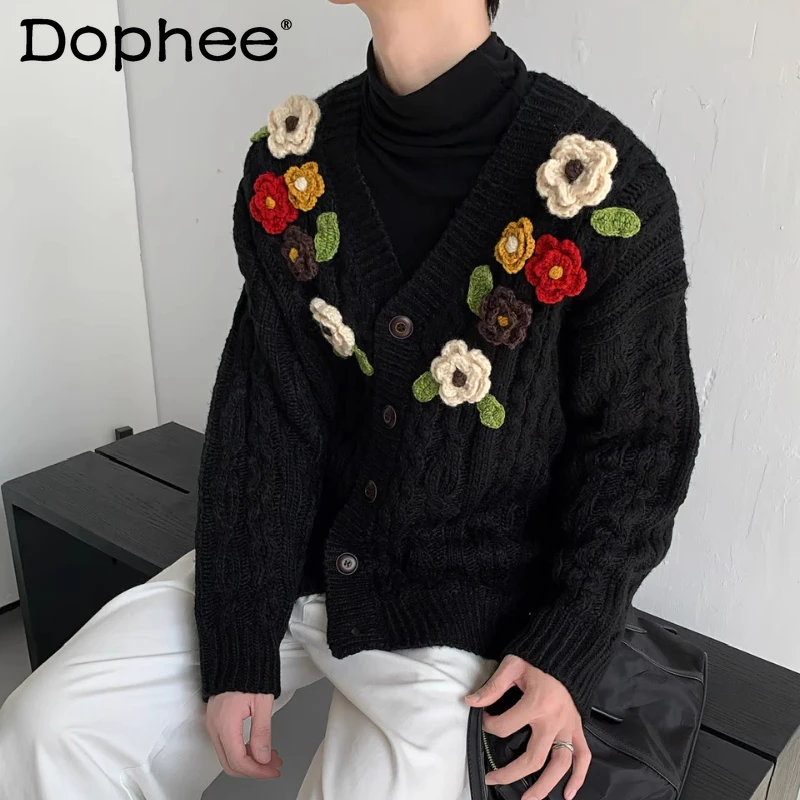

Men Women 2025 Autumn New Bright Colorful Floral Knitted Cardigan High-End V-Neck Sweaters Jackets Color Matching Knitted Tops