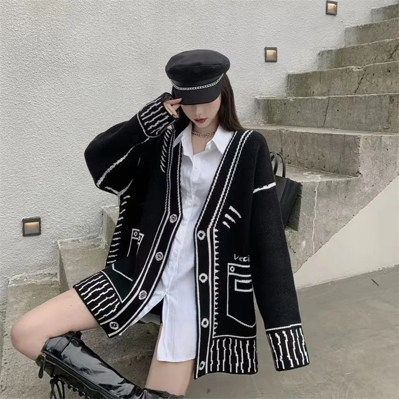 Black-And-White Sweater With a Sense Of Women\'s Niche Coat In Autumn And Winter New Loose Medium-Long Knitted Cardigan Jacket