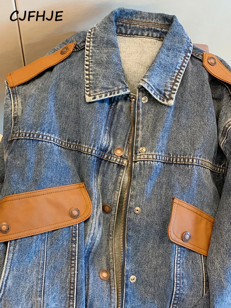 CJFHJE-Veste en denim patchwork vintage bleu pour femme, mode chicly coréenne, vestes Harajuku pour femme, combinaison en denim décontractée à fermeture éclair