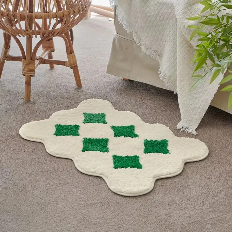 VIKAMA Wavy Cloud-Patterned Checkered Floor Mat, Non-Slip, Water-Absorbent Bathroom Doormat and Entryway Rug, Home Decor