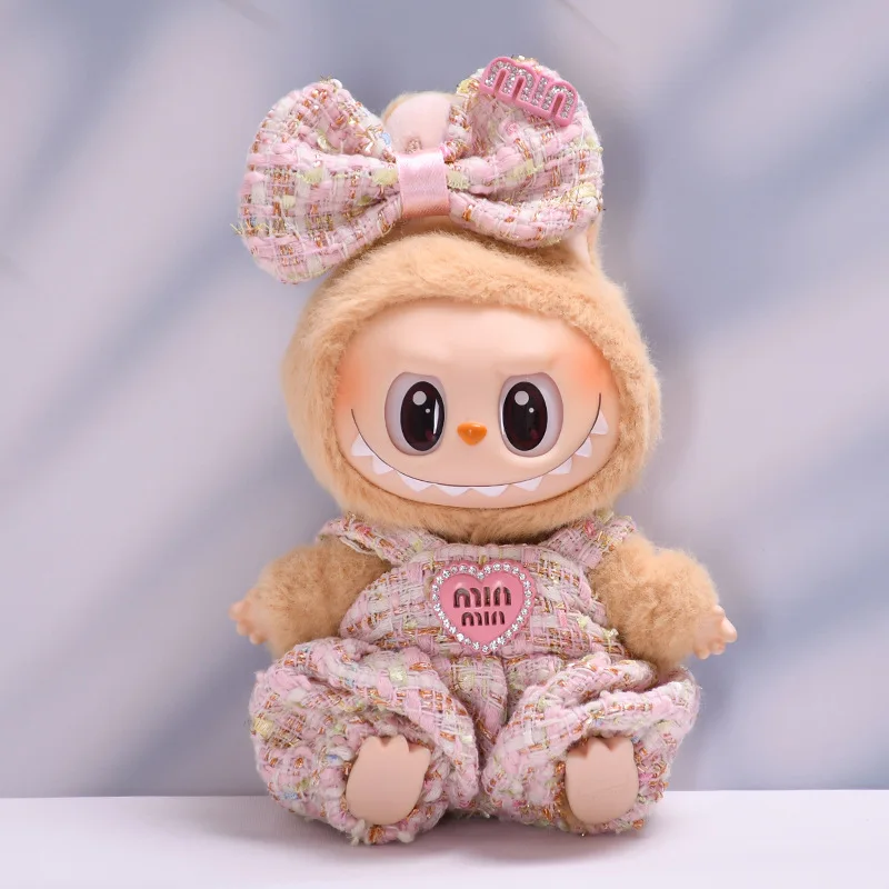 1 Set 17cm Labubu Doll Clothes Monster Outfit Sweet Princess Style Bow Strap Overalls DIY Kids Gift Christmas Birthday Part