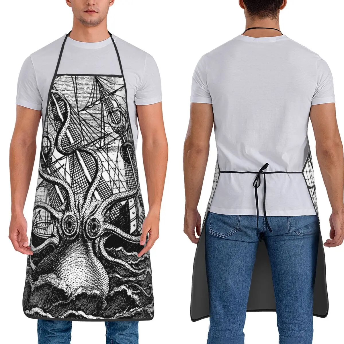 Vintage Kraken Attacking Ship Illustration Apron Chef Cuisine Tablier Bib Kitchen Cleaning Pinafore for Women Men Gardening