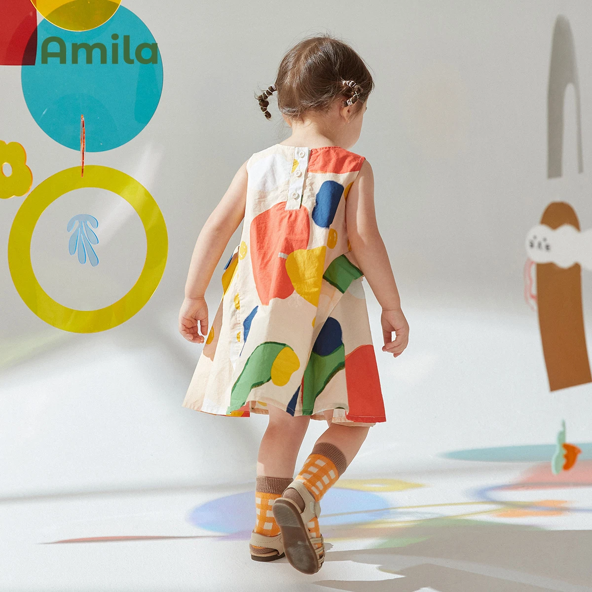 Amila Baby Girl Dress Children Summer New Vest Round Neck Sleeveless Cotton Long Skirt Kids Fashion Patchwork Clothing 0-6 Years