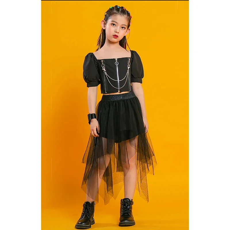 Kids Punk Streetwear Jazz Costume Girls Hip Hop Clothing Crop Top Cargo Pants Neck Mesh Skirt Sets Teenage Street Dance Clothes