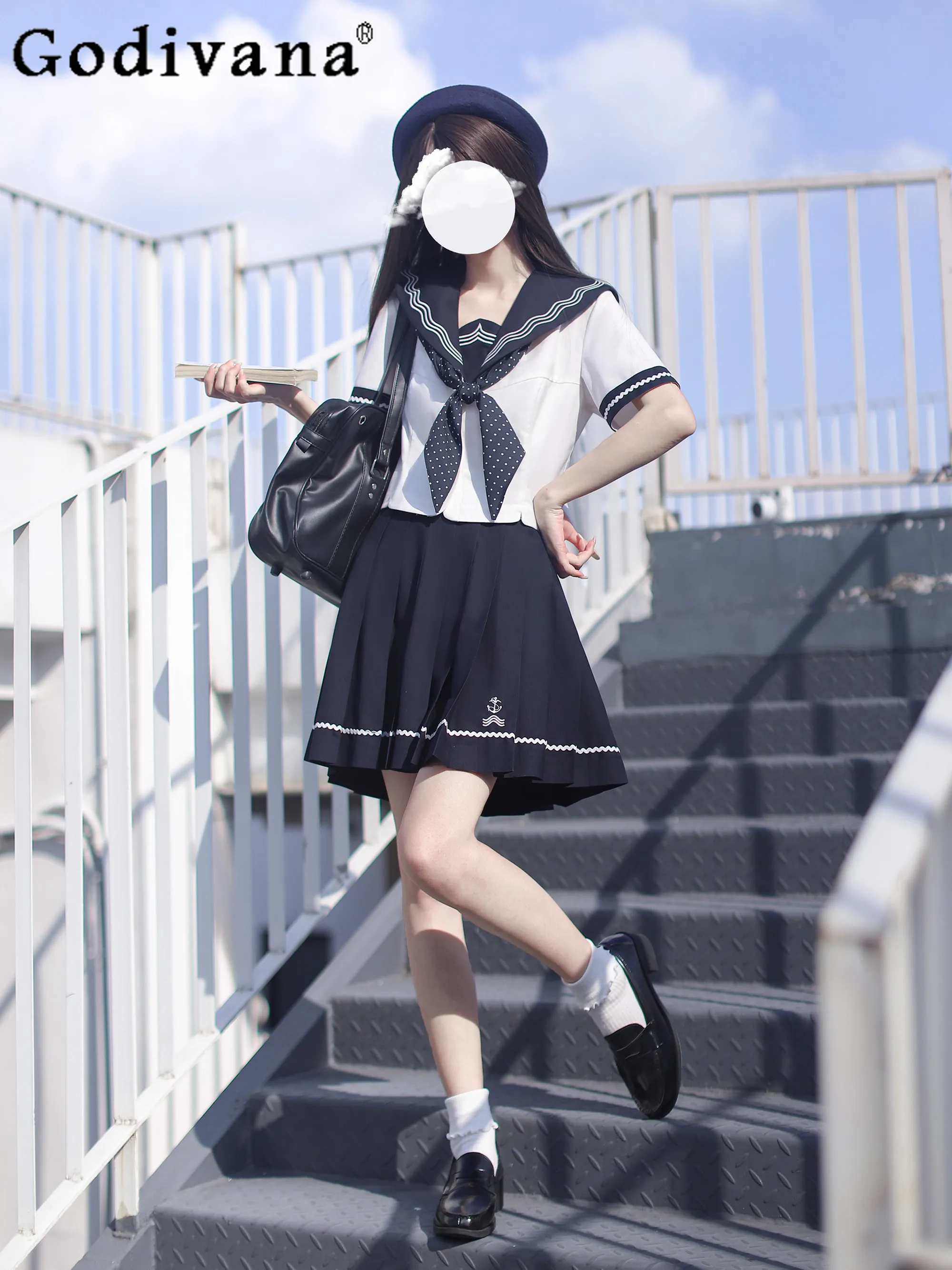 

Original Japanese College Style JK Uniform Summer New Girls Sweet Elegant Cute Navy Collar Short Sleeve Top Pleated Skirt Outfit