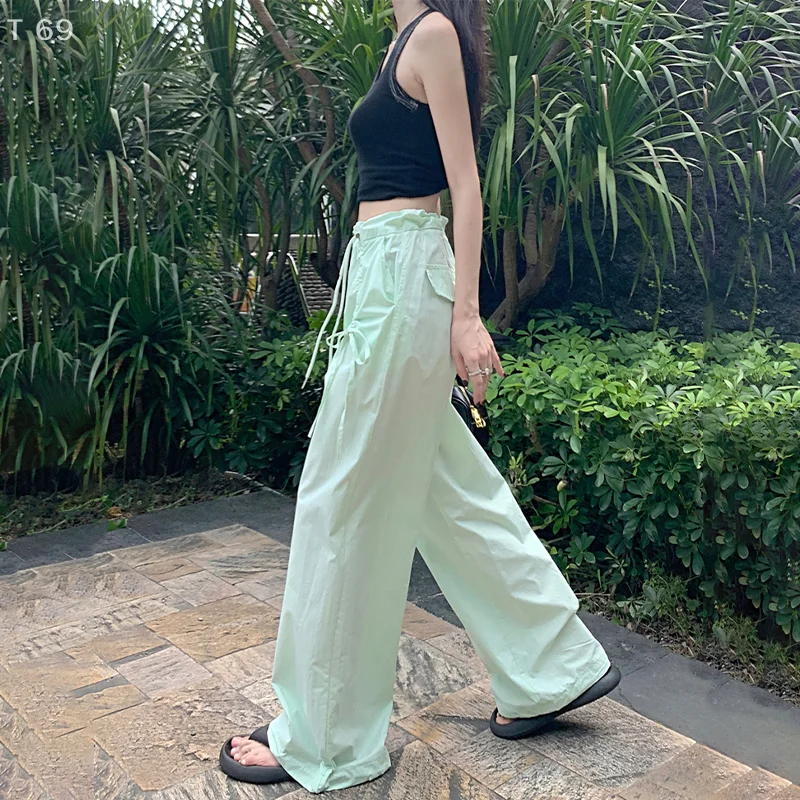 American Street เอวสูงแฟชั่นและสบายๆหวานเอวสูง Drawstring หลวมอเมริกันกางเกงทํางาน