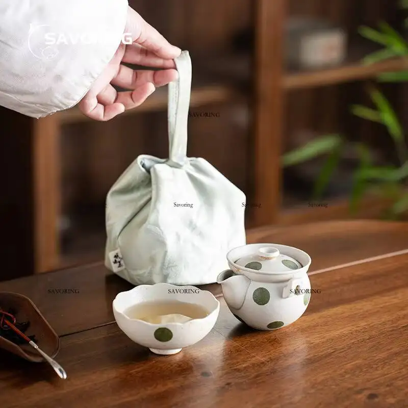 Hand-Painted Green Dot Tea Set Gaiwan Chinese Camping Cover Bowl Travel Luxury Porcelain Cup Tool Pot Ceremony Cups Accessories