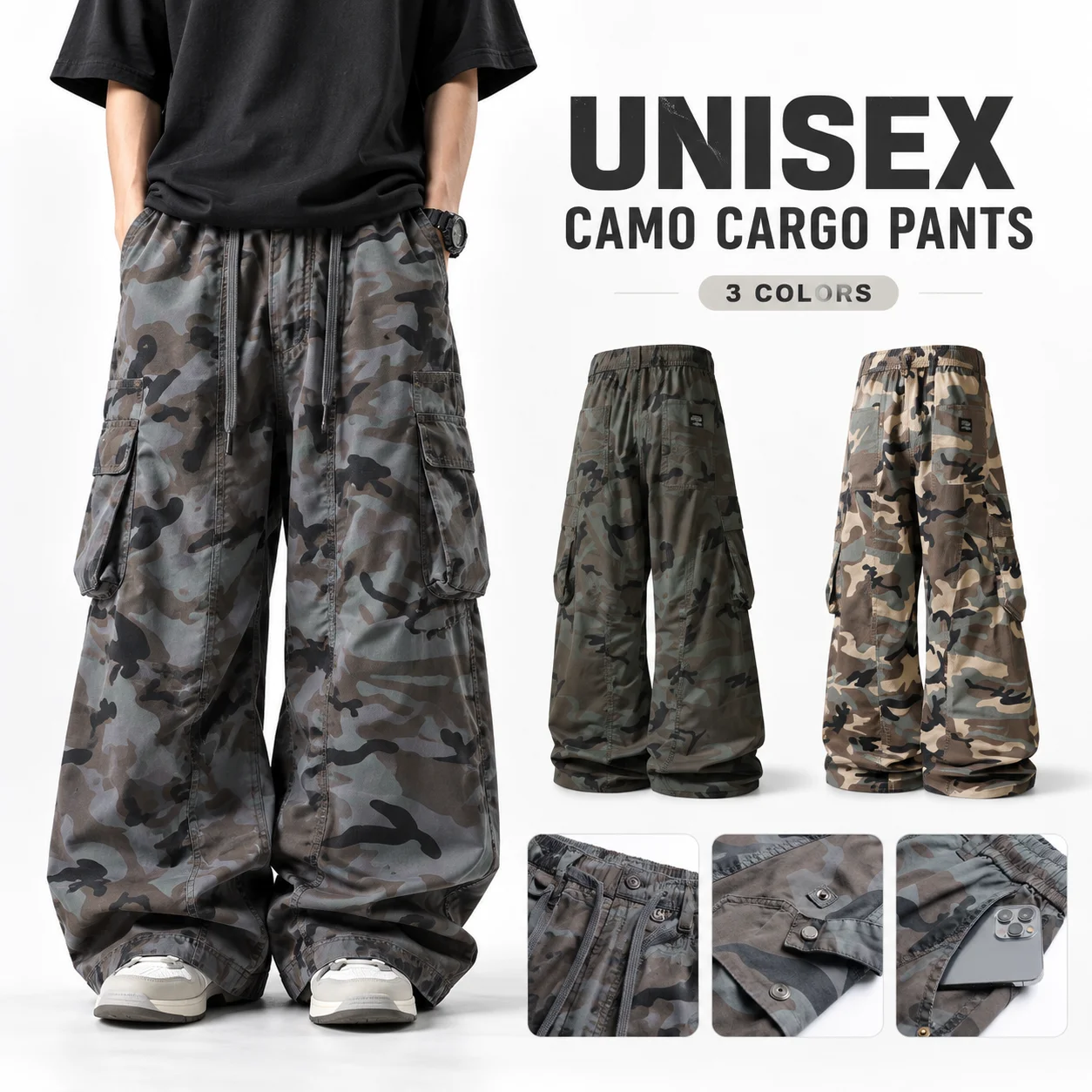 Unisex Camouflage Cargo Pants, Baggy Wide Leg Trousers, Multi-Pocket Streetwear Pants for Men and Women, Y2K Harajuku Style