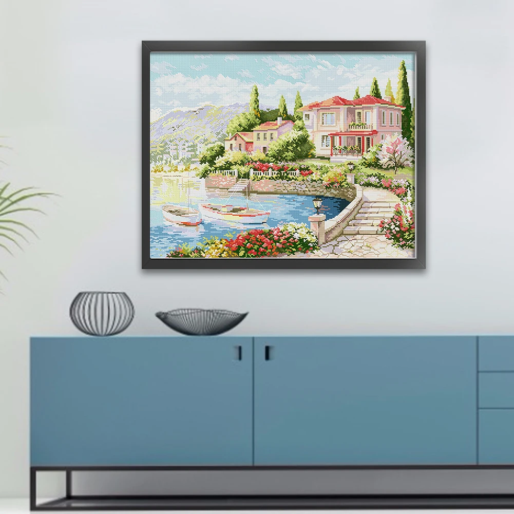 Full Embroidery cotton Thread 11CT Printed Lake Como Cross Stitch 66x55cm