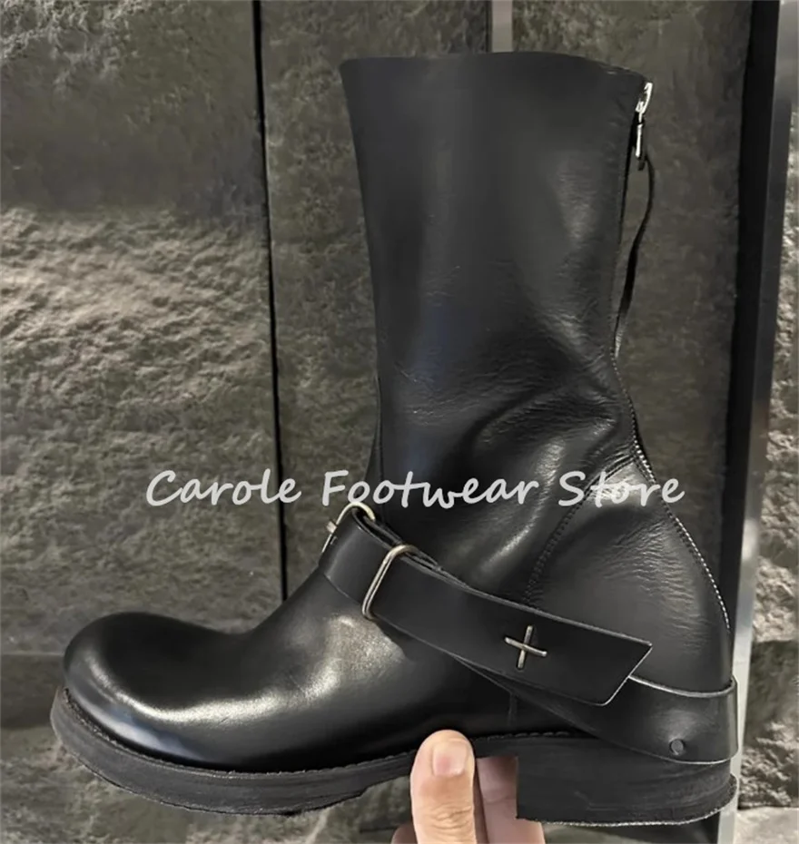 Male Balck Leather Belt Buckle Motorcycle Boots Round Toe Chunky Heel Mid-calf Boots Men's Outside Casual High Top Chelsea Boots