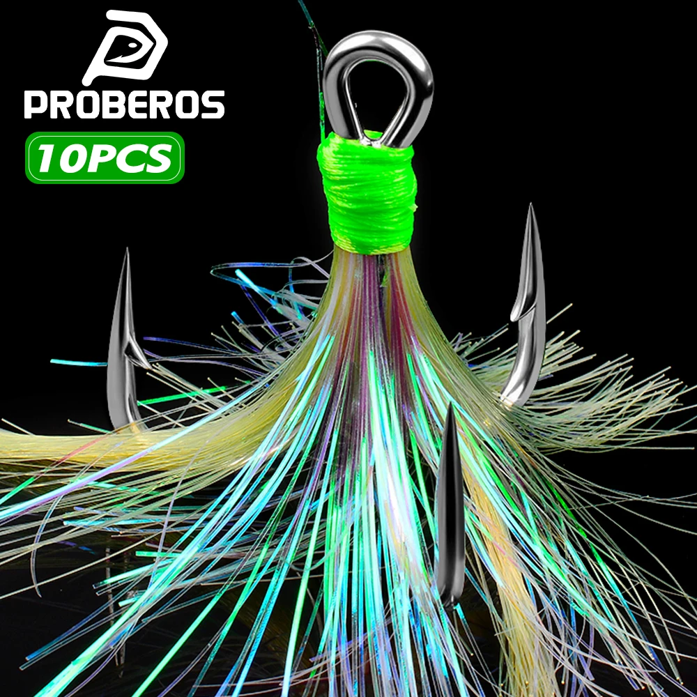 PROBEROS 10 Stück/Box Feder-Dreifachhaken mit Widerhaken Scharfe Hochkarbon-Stahlhaken Rostfrei Köder-Set Angelzubehör Fischhaken