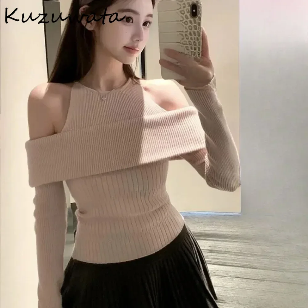 Kuzuwata Winter New Slash Neck Off Shoulder Pullovers Slim All-match Sweet Fake Two Pieces Mujer Japan Stripe Knit Literary Tops