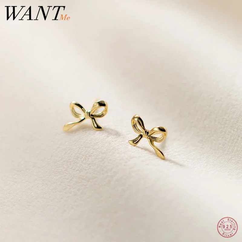 WANTME 925 Sterling Silver Sweet Romantic Bow Cute Girl Stud Earrings for Women Fashion Chic Birthday Party Jewelry Accessories