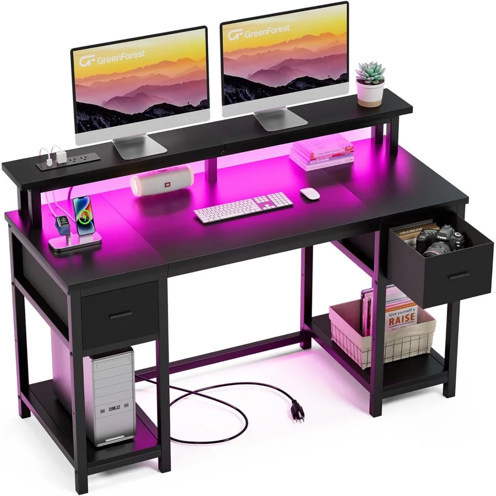 Computer Desk with 2 Drawers and Power Outlets,50 Inch Office Desk with 2 Monitor Stands and Fabric File Cabinet, Reversible