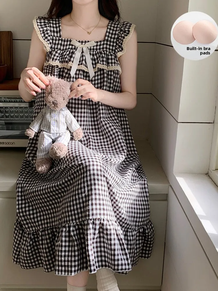 Summer Cloud Cotton Sleeveless Princess Style Sleep Dress Women's Checkered Print Gown with  Knot Sweet Home Wear
