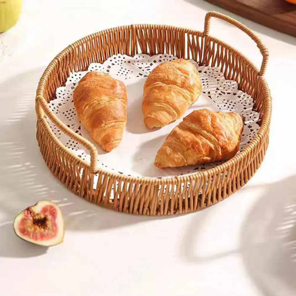 Hand-woven Pp Rattan Basket Imitation Rattan Fruit Basket Round Steamed Bread Tray Eco-friendly Food Storage Basket Farmhouse