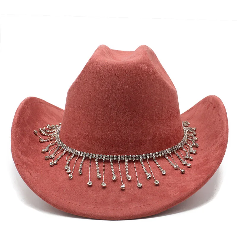 Women's Cowboy Hat with Fringed Strap and Decorative Diamonds Seasonless Wide Brim Hat (57-58cm)