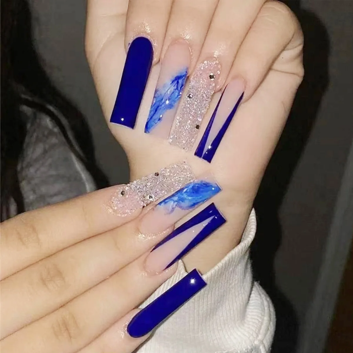 24pcs Ballerina Extra Long Press on Nails  Blue False Fake Nail Acrylic Press On Coffin Artificial Nail for Women Stick on