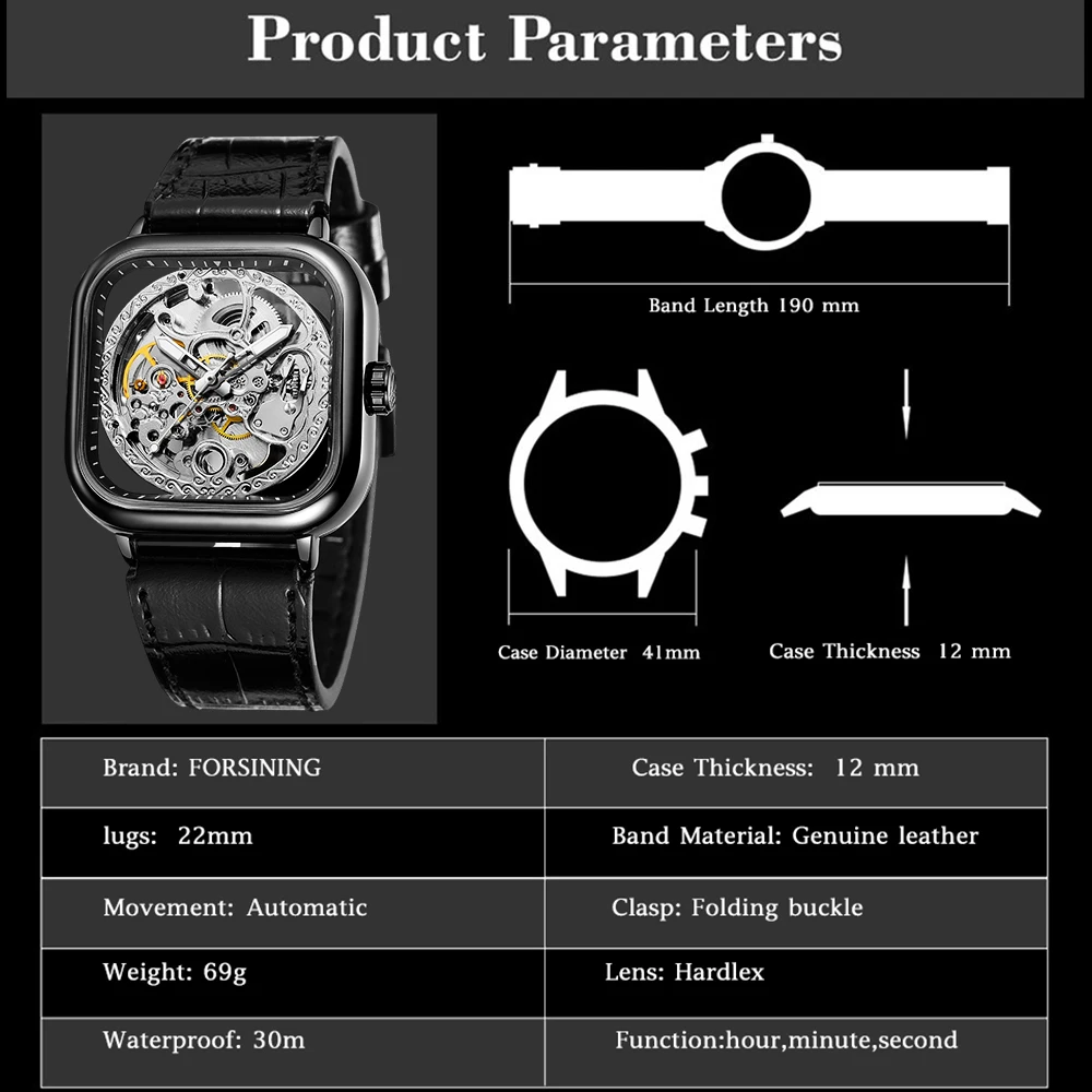 FORSINING Herrenuhr mit graviertem quadratischem Gehäuse, schwarz, silbrig, automatisches Skelett, mechanisch, leuchtende Zeiger, echtes Leder, Herrenuhr