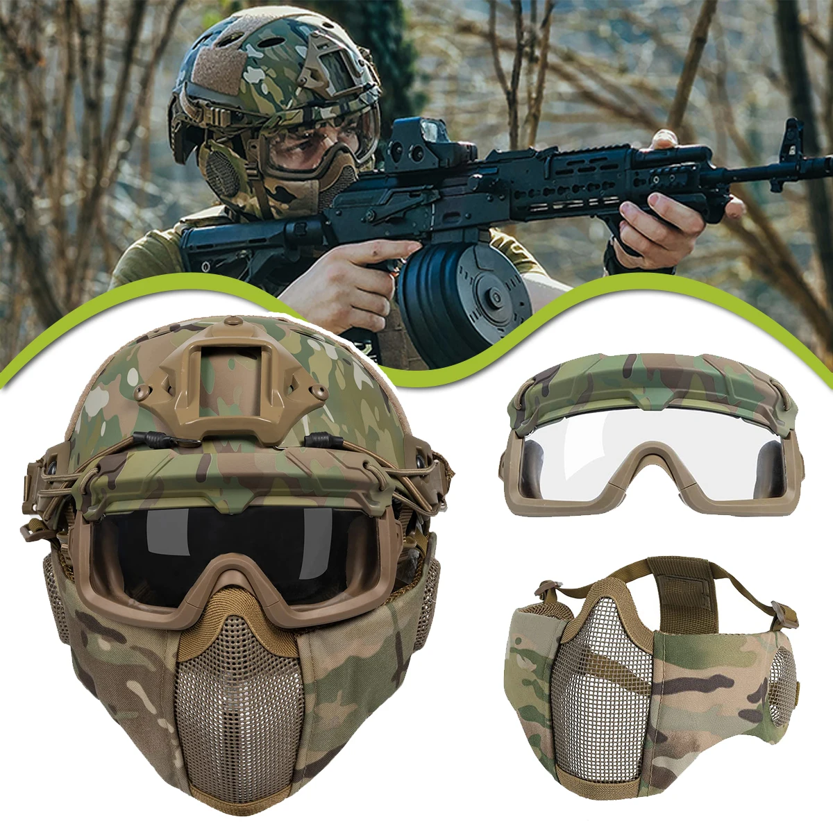 

Airsoft Fast Helmet Set Full Face Protection Tactical Helmet with Foldable Earmuffs Goggles for Hunting Paintball Wagrgame CS