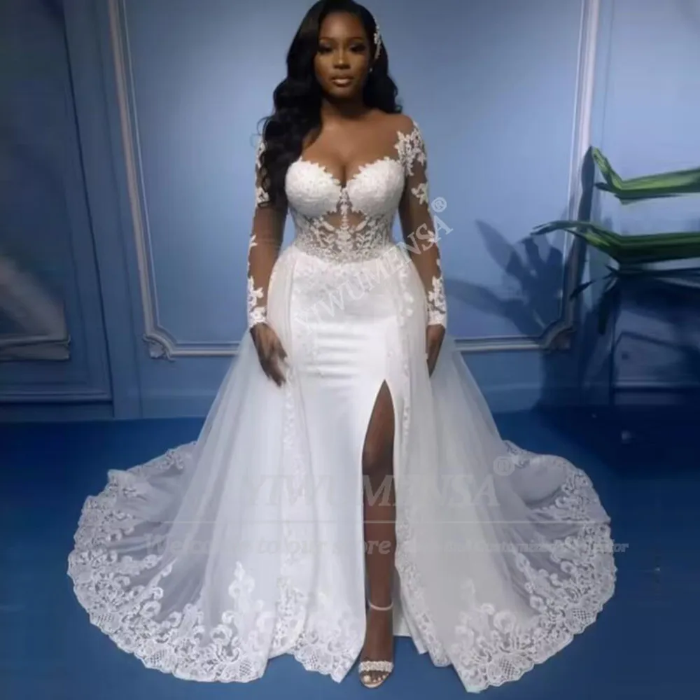高級レースアップリケマーメイドウェディングドレス花嫁のためのイリュージョン長袖ブライダルガウン取り外し可能なトレイン付きローブデマリー
