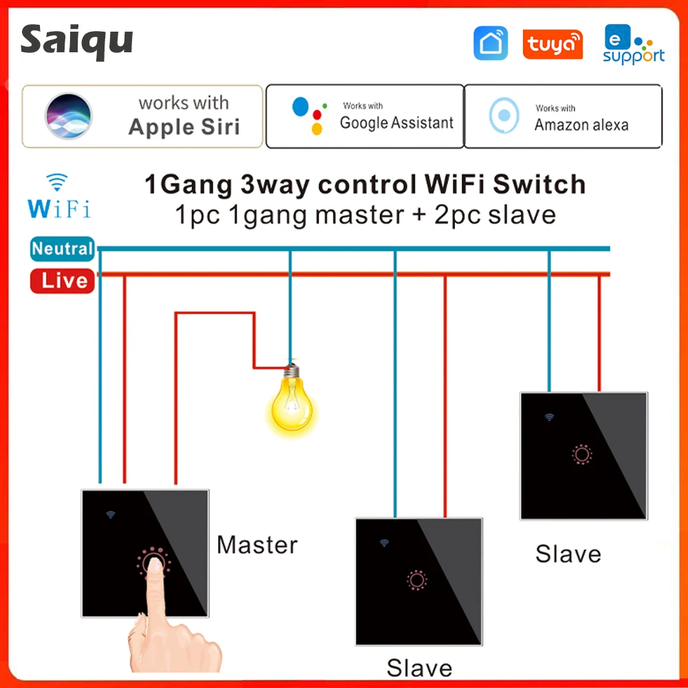 3PCS Tuya eWeLink APP EU WiFi Smart 3 Way Switch 1 2 3 Gang Glass Wall Touch Switch Remote Control Compatible Alexa Google Home