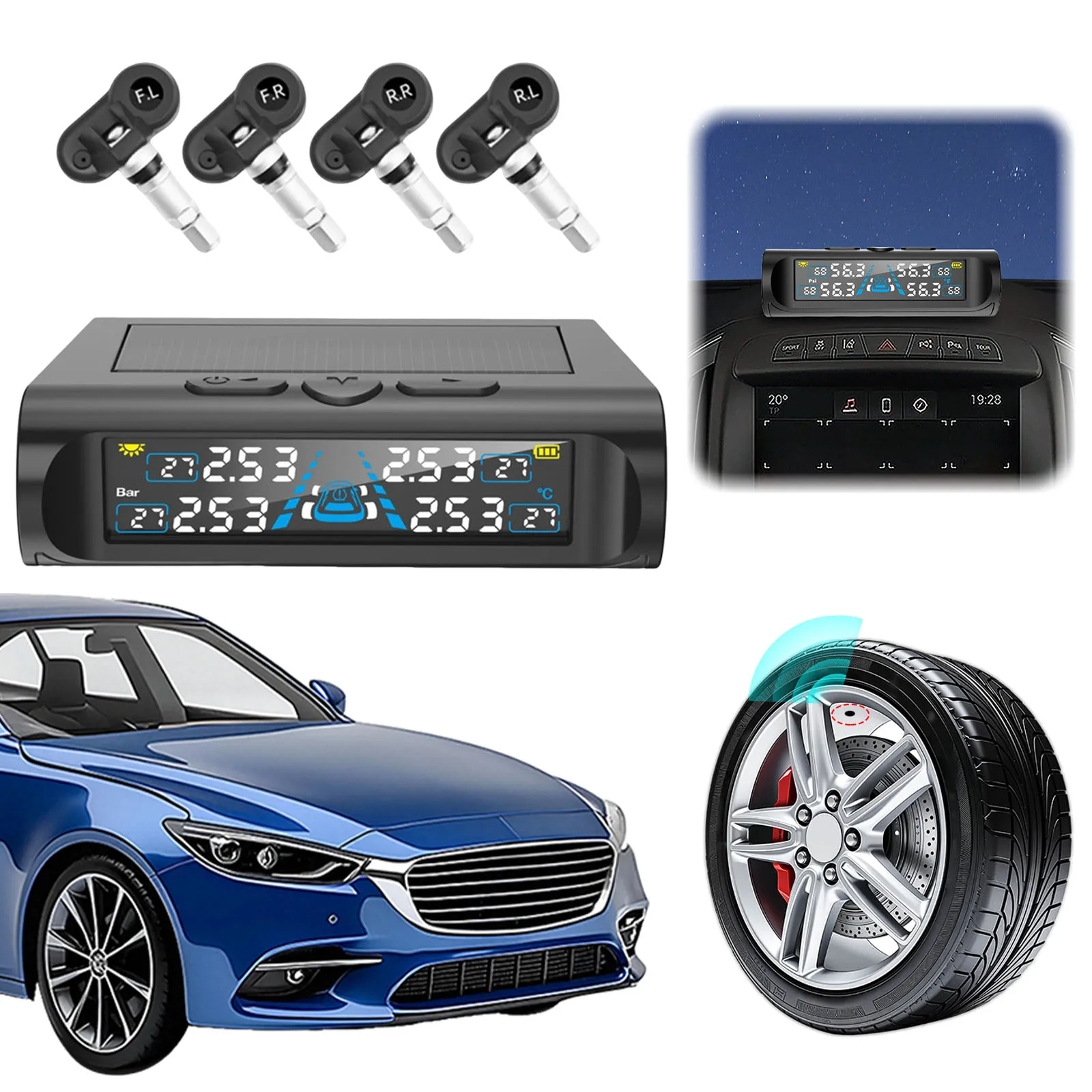 Real-Time Pressure Monitor with 4 Sensors TPMS System with Solar Charge and USB LCD Display for Cars SUVs Trailer & Light Trucks