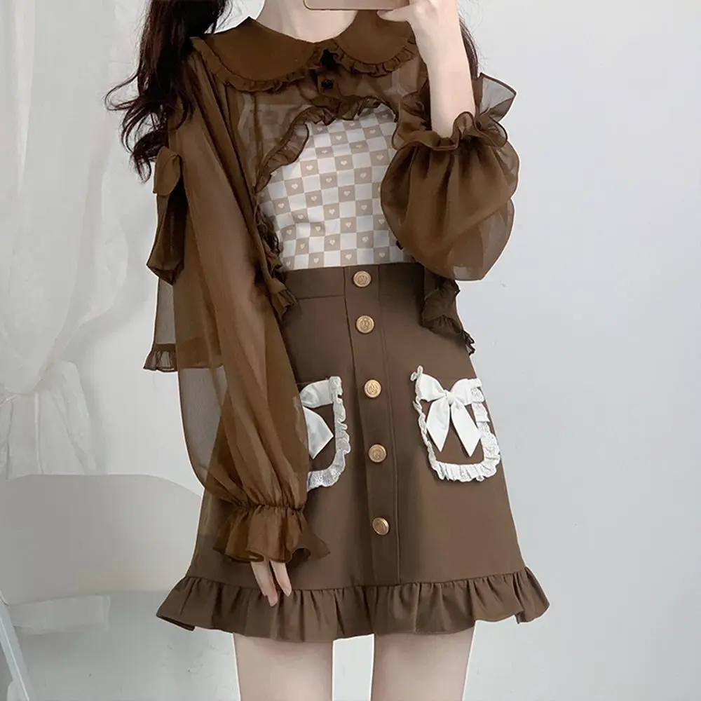 Solid Color Immortal Qi Summer Women Cardigan 2024 New Thin Style Lolita Patchwork Lace Doll Collar Long Sleeved All-match Tops