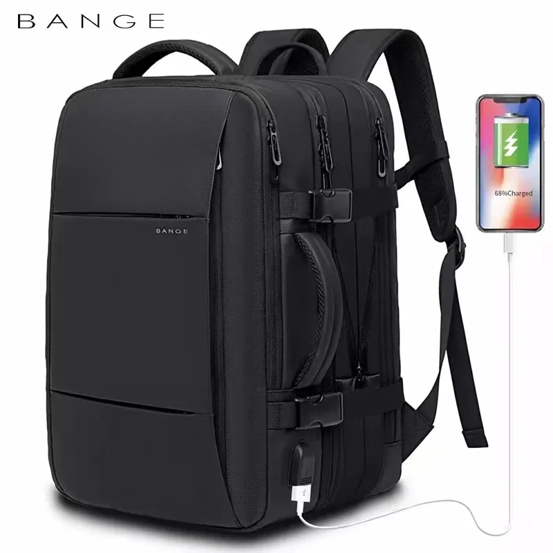 BANGE-mochila de viaje para hombre, morral de negocios expandible con USB, de gran capacidad, resistente al agua, para ordenador portátil, 17,3