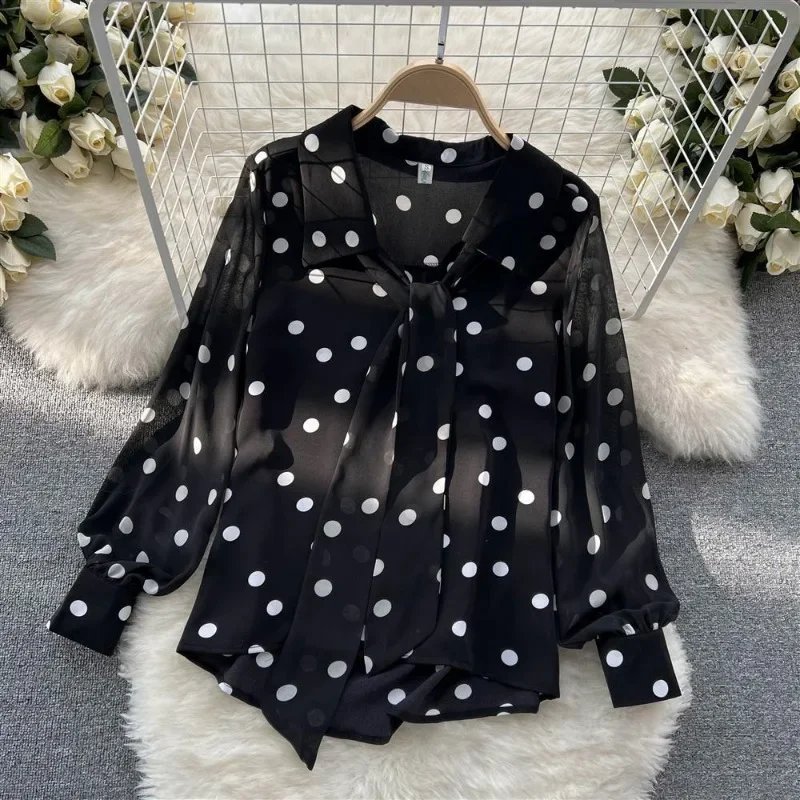 

Chiffon Shirt Sweet Polka Dot Tops Blusas Femininas Elegantes Blouse Vintage Black Shirts Y2k New 2025 Spring Thin