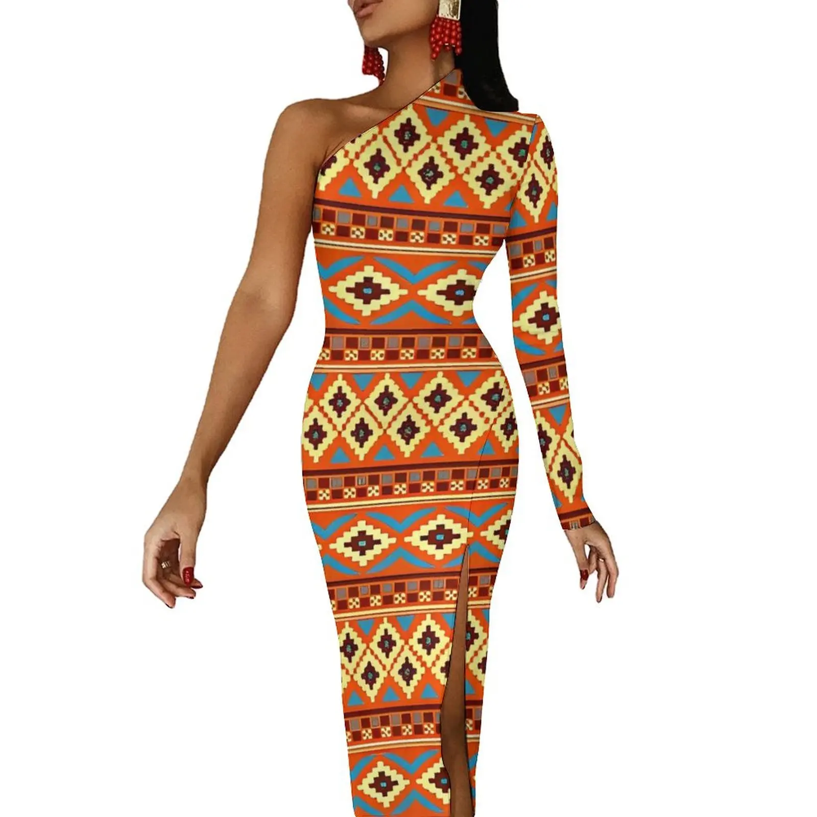 Azteekse kunst tribale print lange jurk dames street wear maxi-jurk herfst leuke bodycon-jurken hoge split bedrukte vestidos