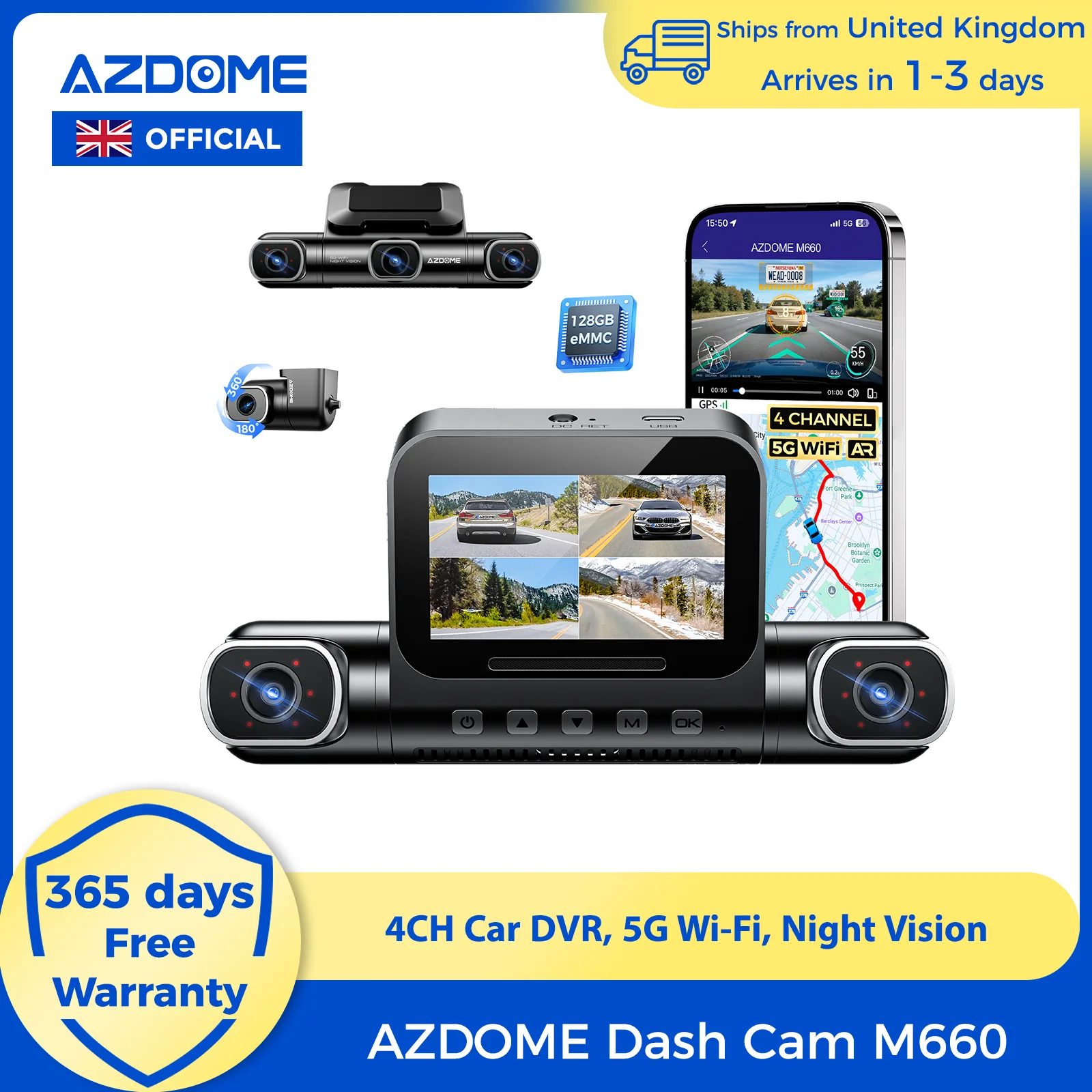 AZDOME 4-Channel 4K Dash Cam 128GB eMMC 8