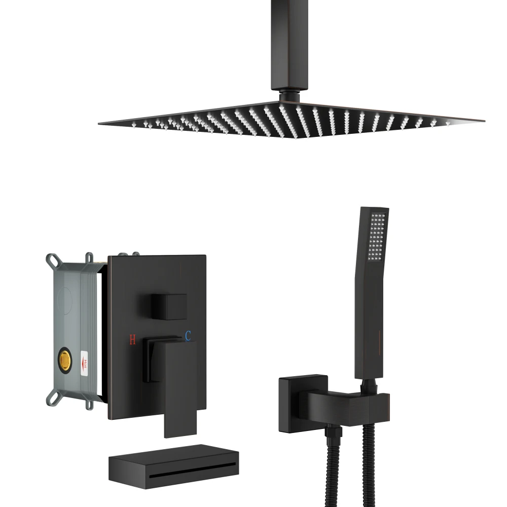 Shower System with Waterfall Tub Spout,12 Inch Ceiling Mount Square Shower System with Rough-in Valve,Oil Rubber Bronze