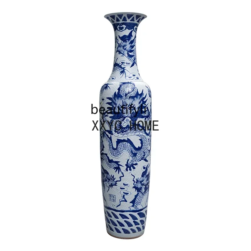 

Carved Blue and White Dragon Pattern Floor Vase Jingdezhen Ceramic Living Room and Hotel Decoration Opening Gifts