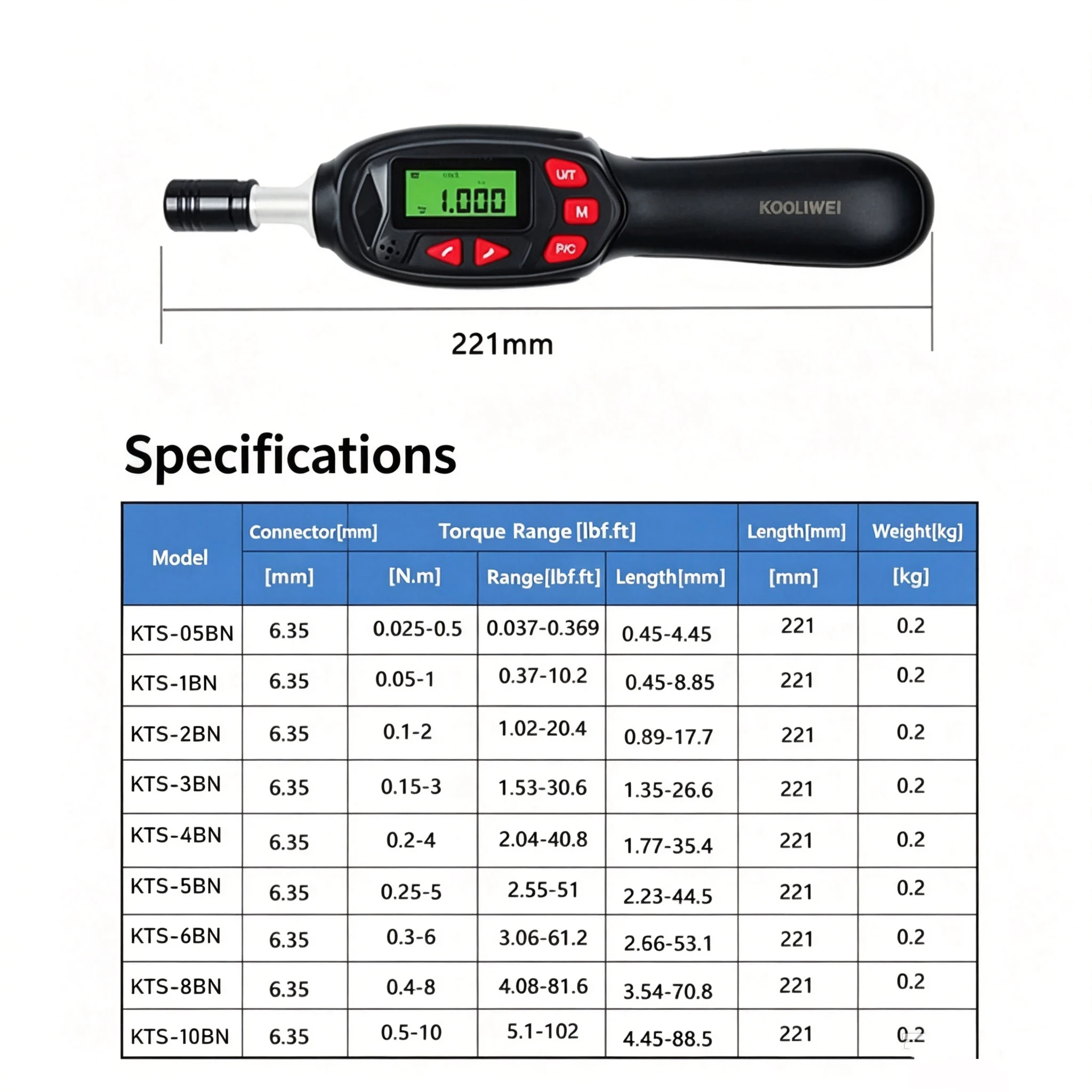 KOOLIWEI Digital Torque Wrench 1/4