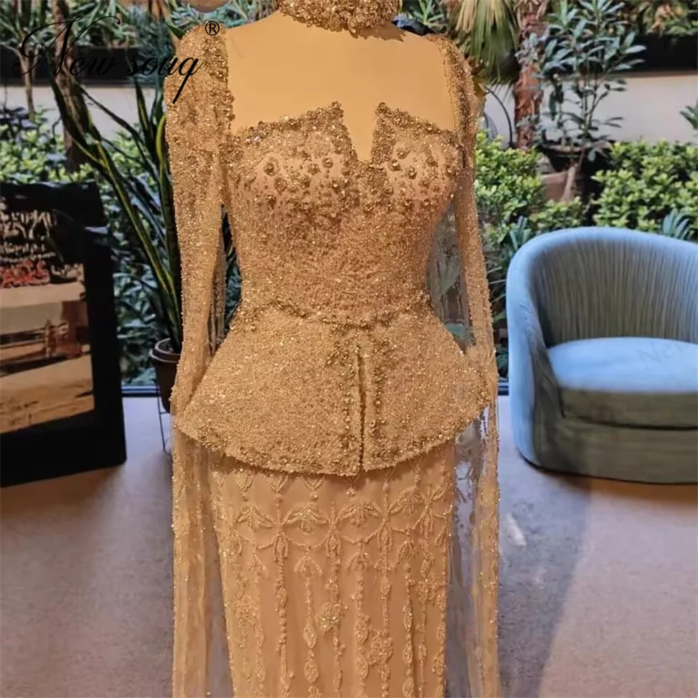 

Arabic Champagne Beading Evening Dresses Long Sleeves Women Prom Dress Dubai Birthday Party Gowns Vestidos De Cóctel Customized