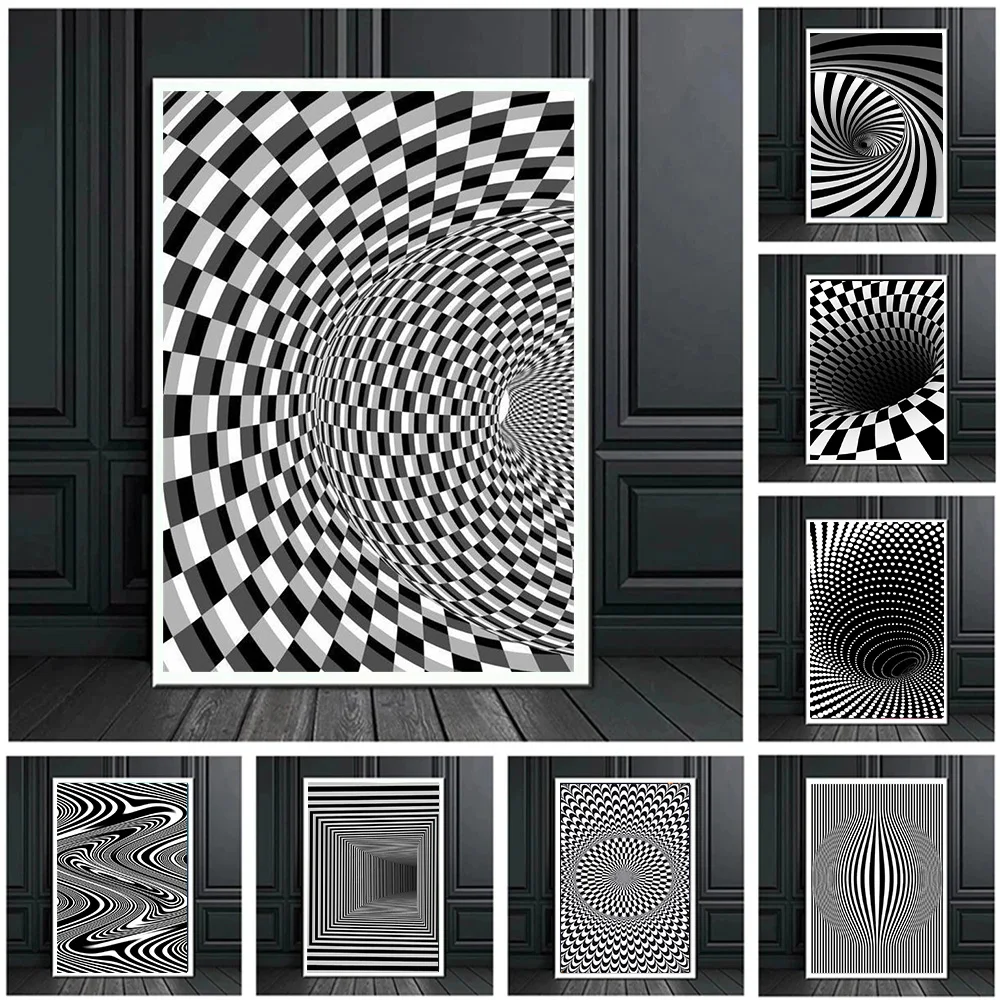 1pc frameless canvas painting Abstract Optical Illusion Poster Prints For Living Room Home Decor Black And White Trippy Psychede